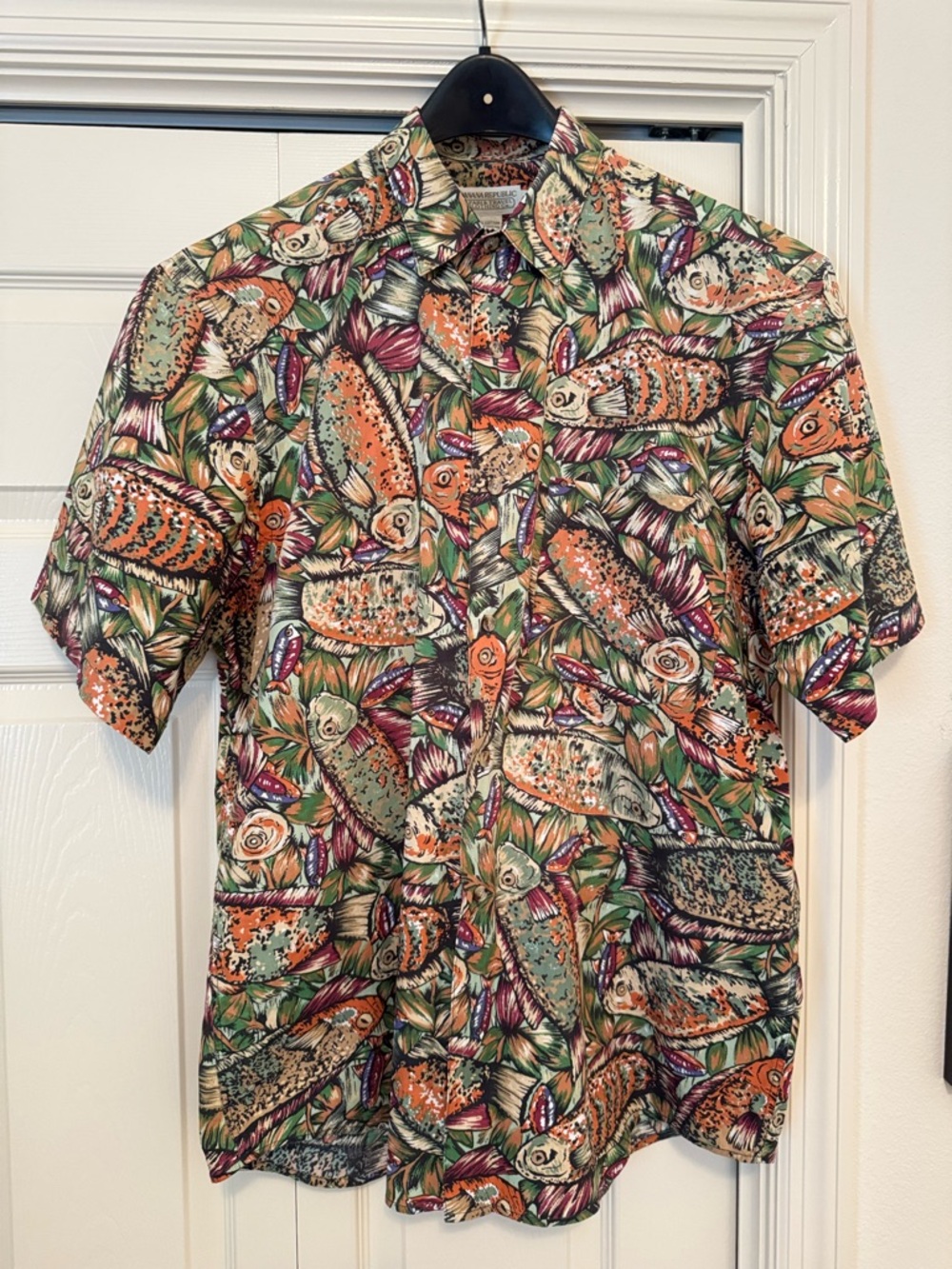 Vintage Banana Republic Shirt Mens Medium Fish Print Safari Travel Cotton 90s
